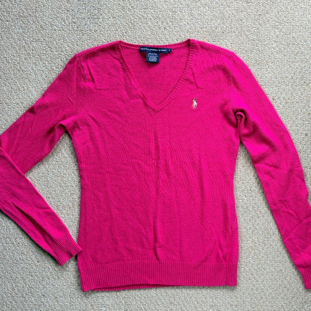 Ralph Lauren Pink Italian Pima Cotton V-Neck Sweater Size M
